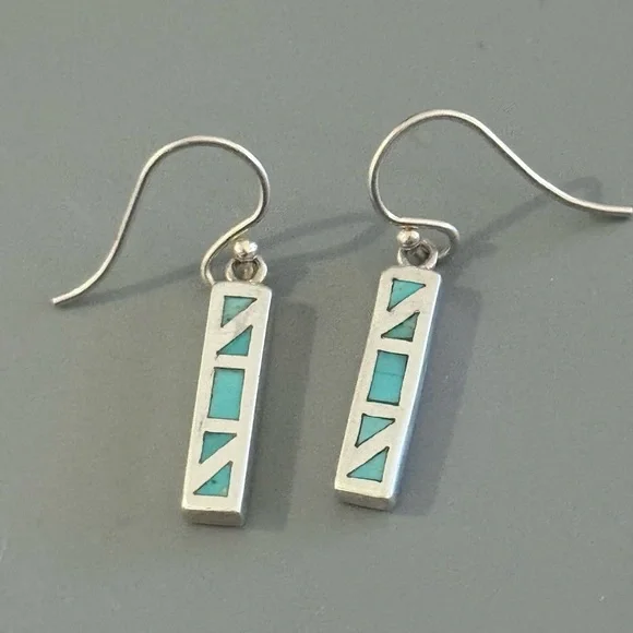 Southwestern Turquoise Inlay Sterling Silver Bar Drop Earrings - Picture 1 of 4